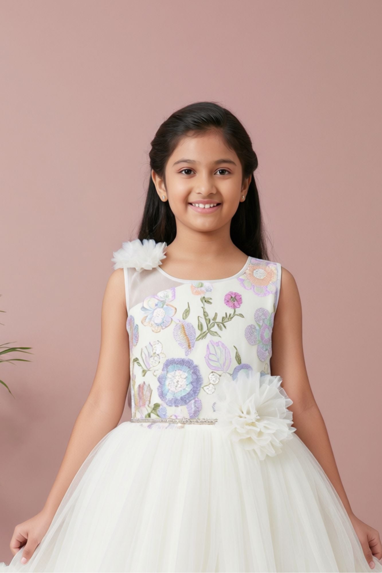 Off-White Floral Embroidered Net Party Gown with Layered Ruffle Hem For Girls