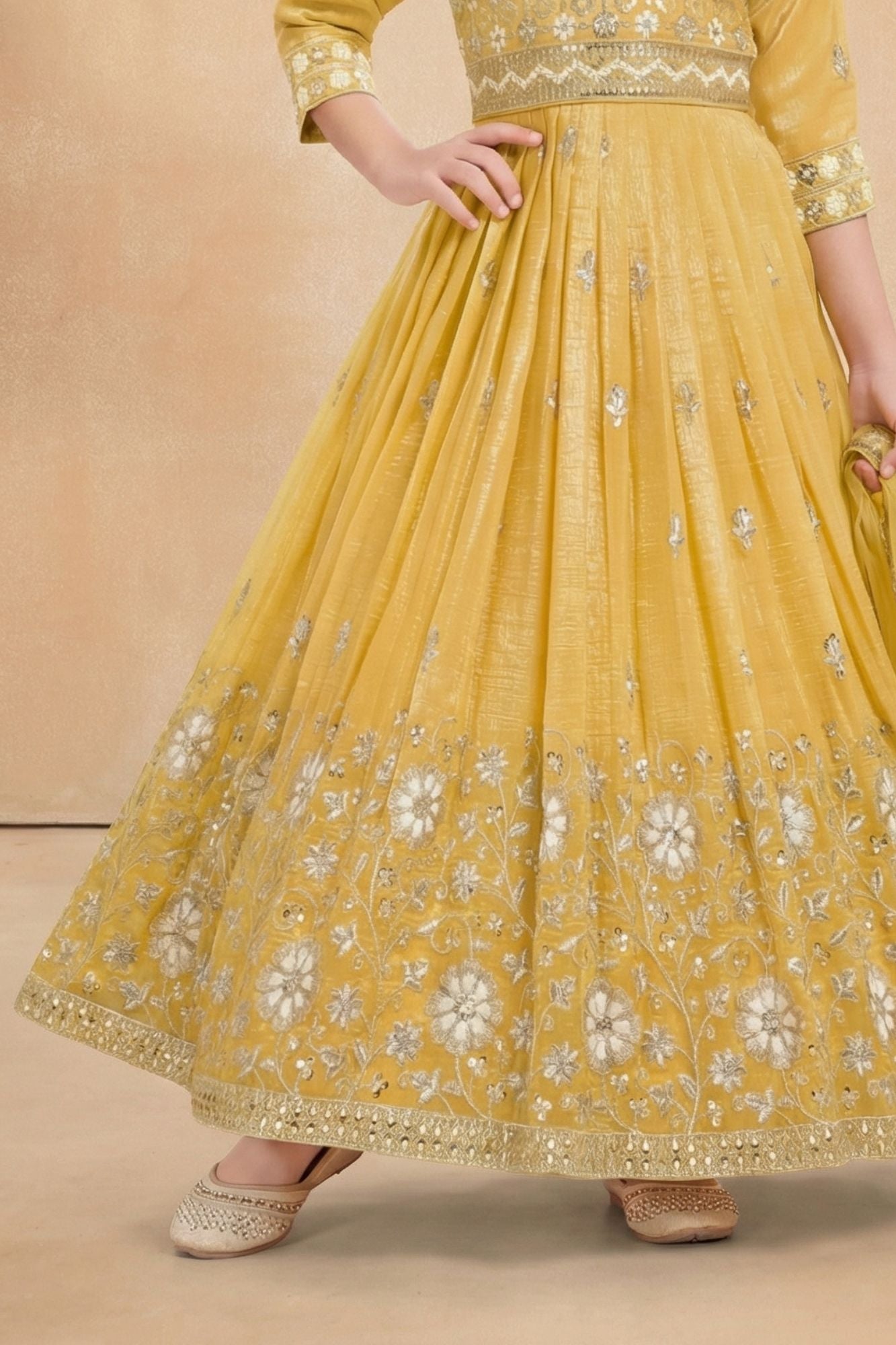 Mustard Yellow Embroidered Ethnic Gown with Dupatta For Girls
