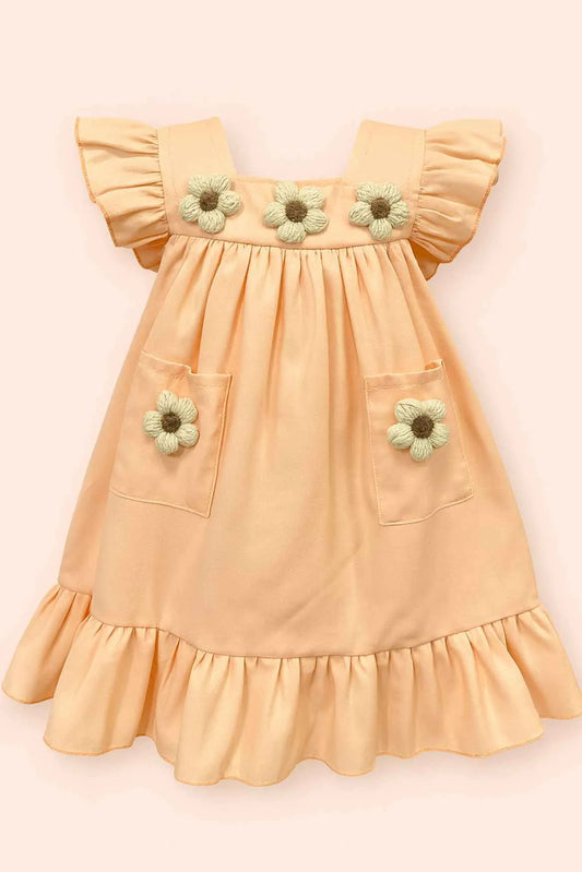 Casual Peach Cotton Dress with 3D Flower Appliqué For Girls