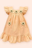 Casual Peach Cotton Dress with 3D Flower Appliqué For Girls