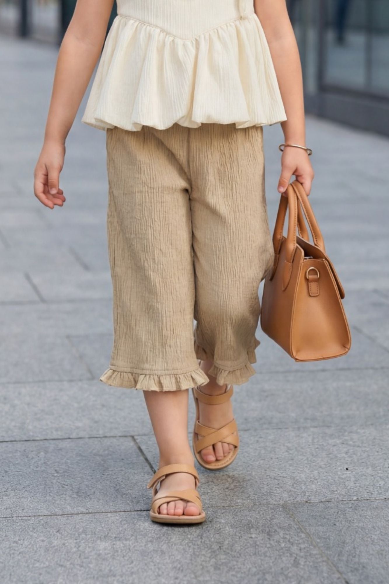 Girls Beige Co-Ord Set – Peplum Top And Wide-Leg Pants