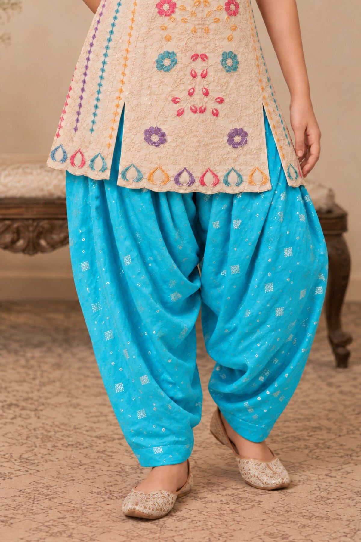 Blue Embroidered Patiala Set with Dupatta For Girls