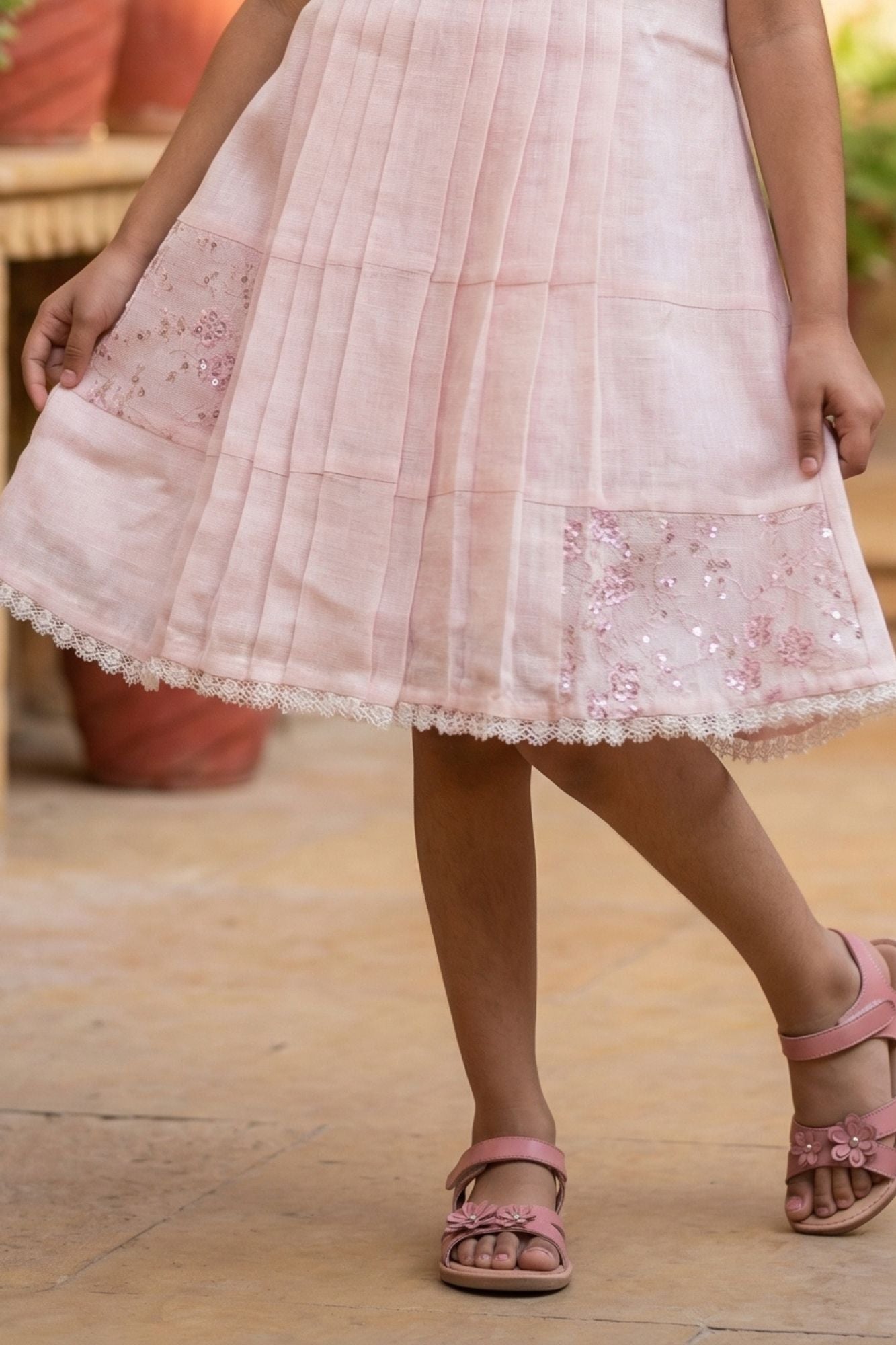 Pink Embroidered Pleated Frock For Girls