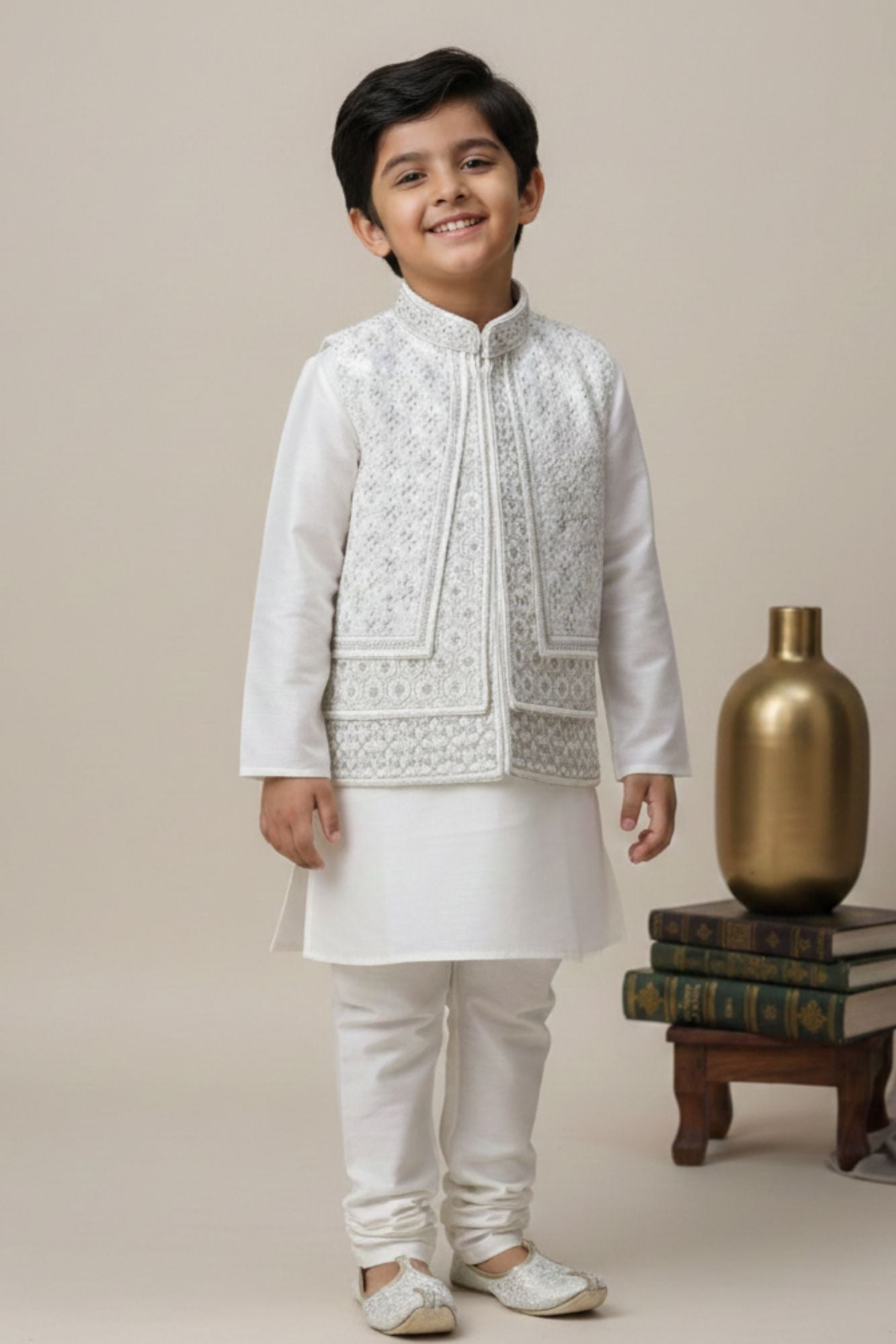 White Embroidered Kurta Pajama Set with Ethnic Jacket for Boys