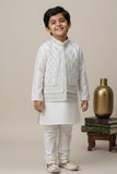 White Embroidered Kurta Pajama Set with Ethnic Jacket for Boys