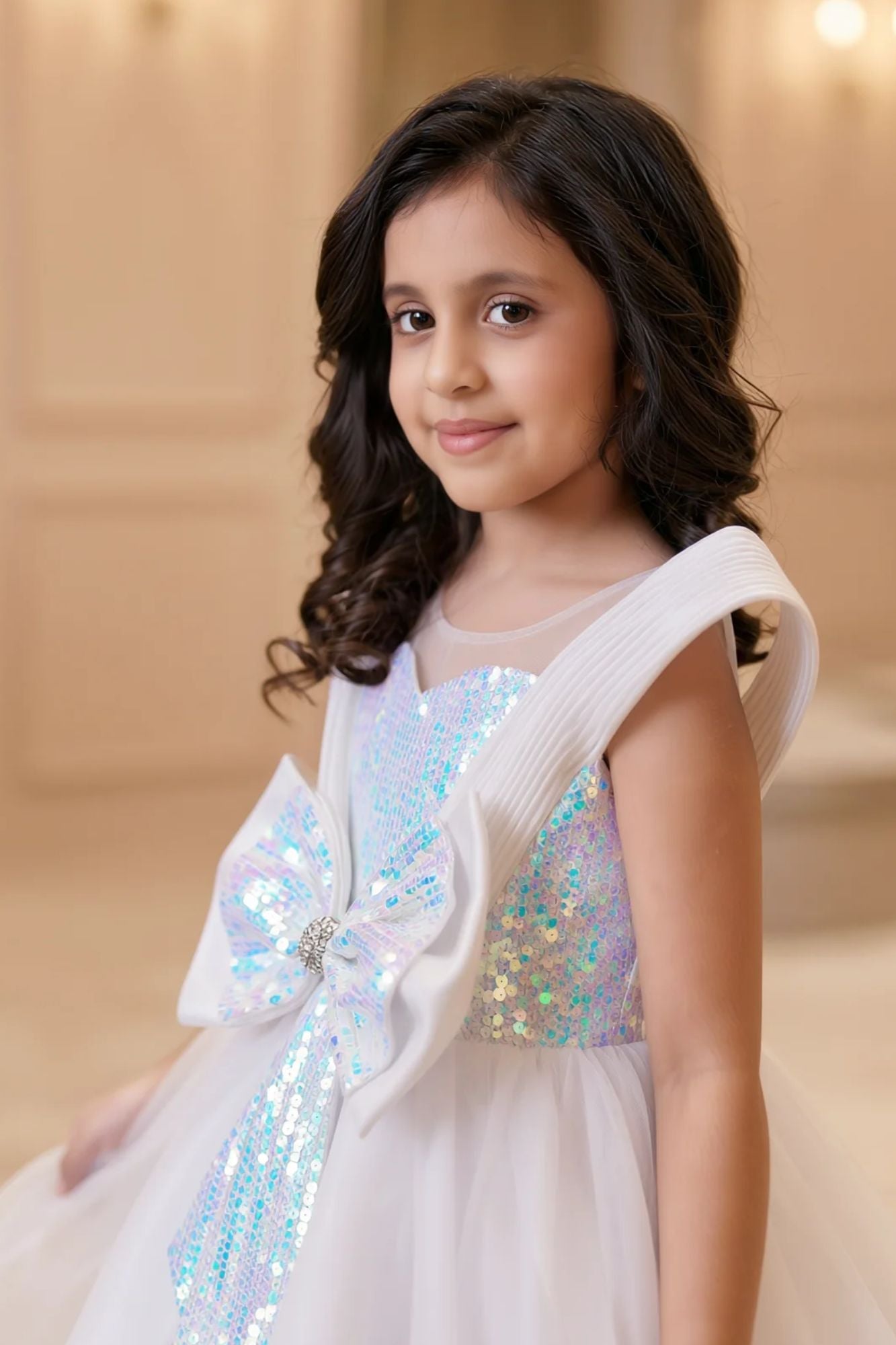 White Embellished Party Wear Frock with Structured Shoulder Straps For Girls