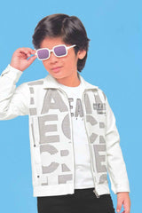 White Printed Overcoat With White T Shirt And Pant Set For Boys