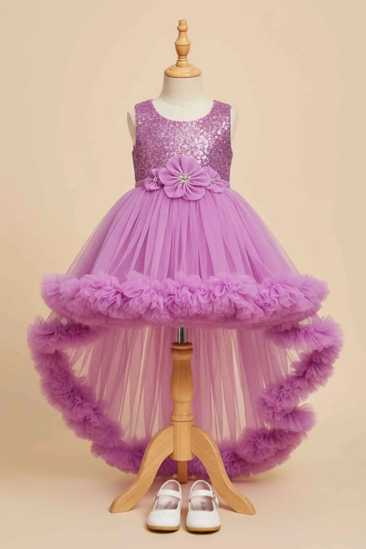 Lavender Sequin Bodice High-Low Party Frock with Ruffle Layers For Girls