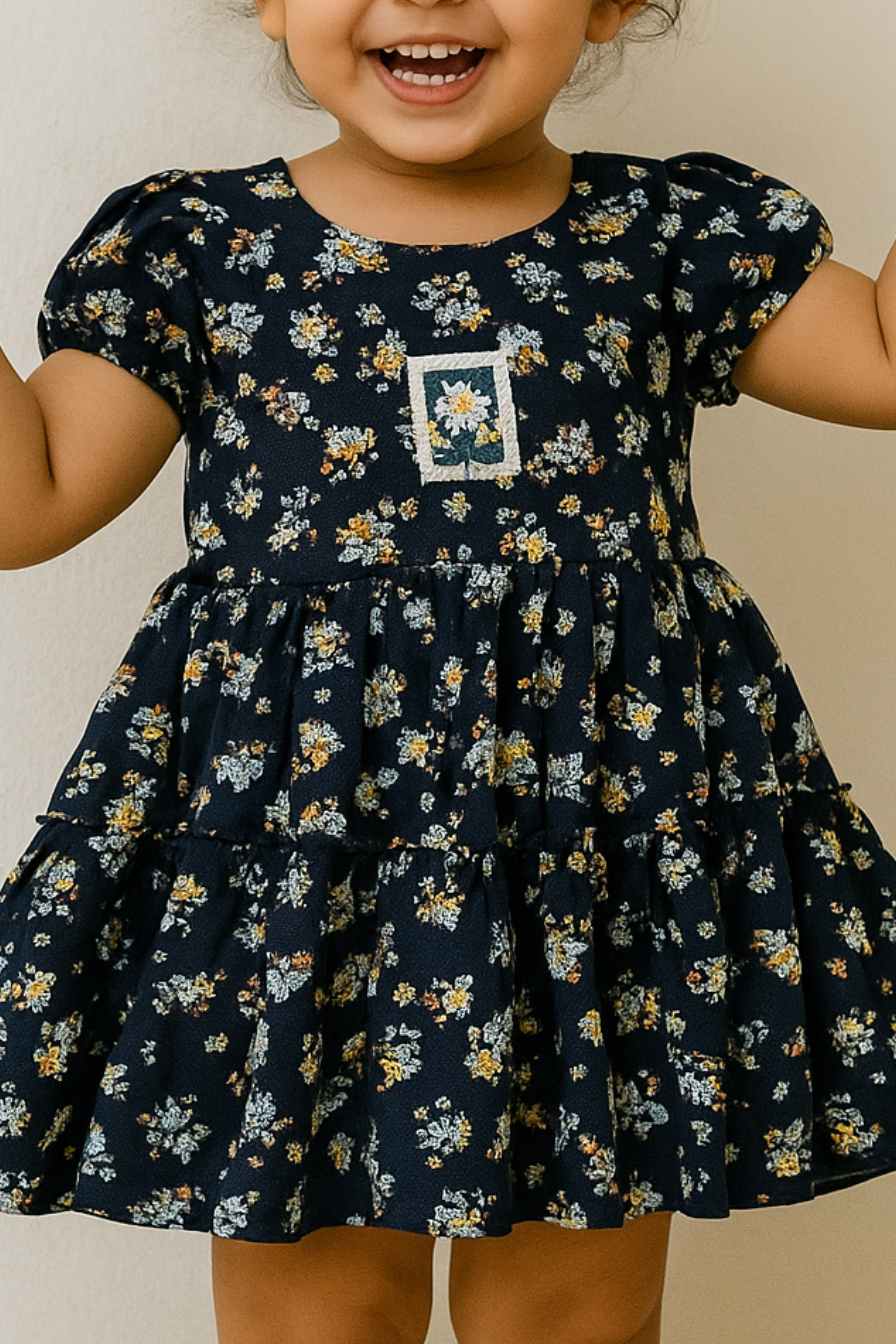 Navy Blue Tiered Floral Dress for Girls