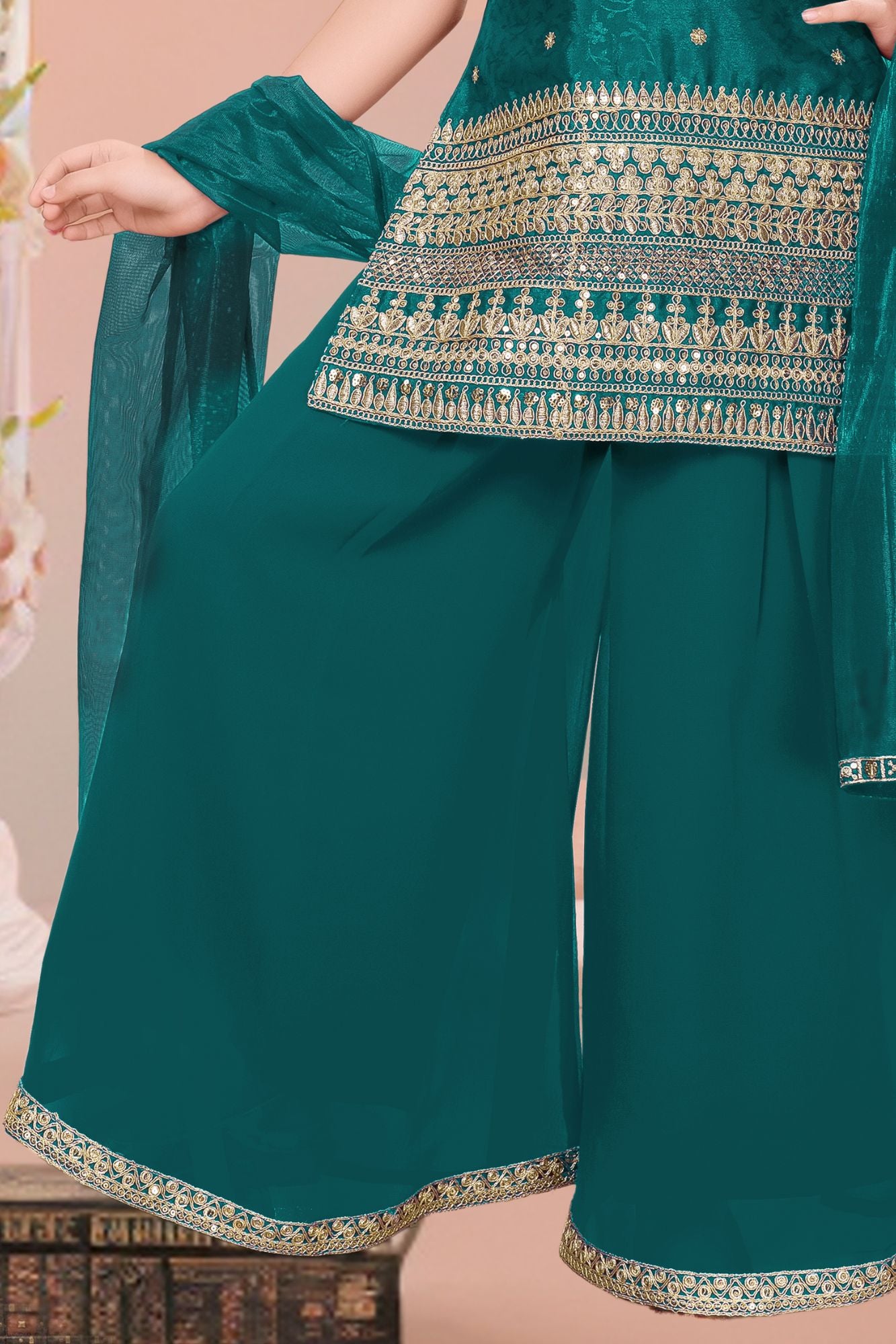 Rama Green Embroidered Palazzo Set For Girls