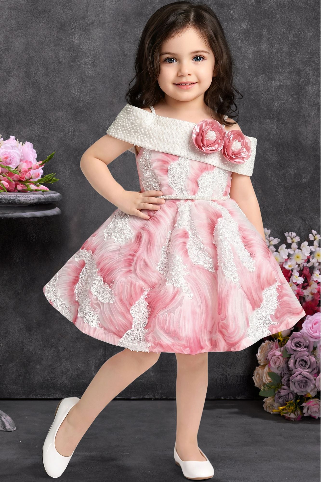Girls Pink Marble Print One-Shoulder Party Wear Frock with Floral Applique