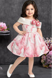 Girls Pink Marble Print One-Shoulder Party Wear Frock with Floral Applique