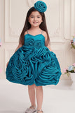 Teal 3D Rosette Appliqué Party Wear Frock For Girls