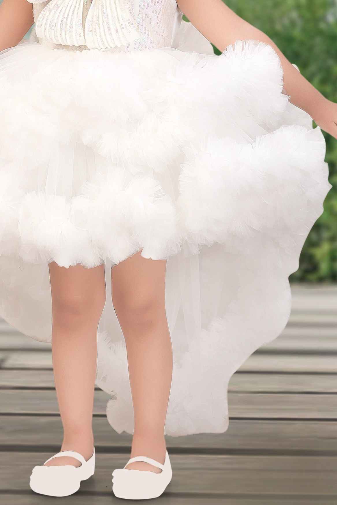 White Ruffle Party Tailback Frock With Sequin Work Oversized Bow For Girls