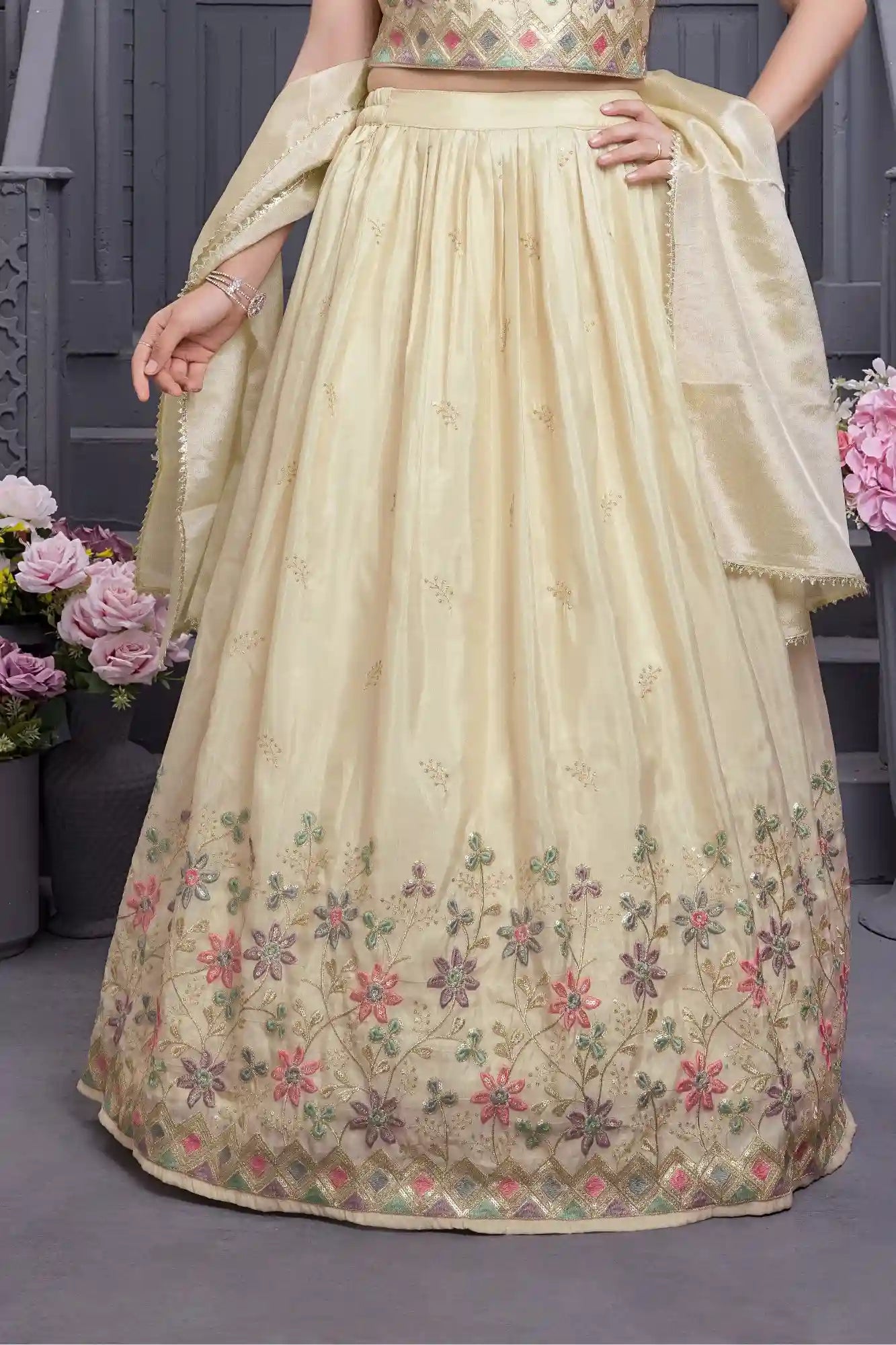 Elegant Cream Embroidered Lehenga Choli with Dupatta For Girls