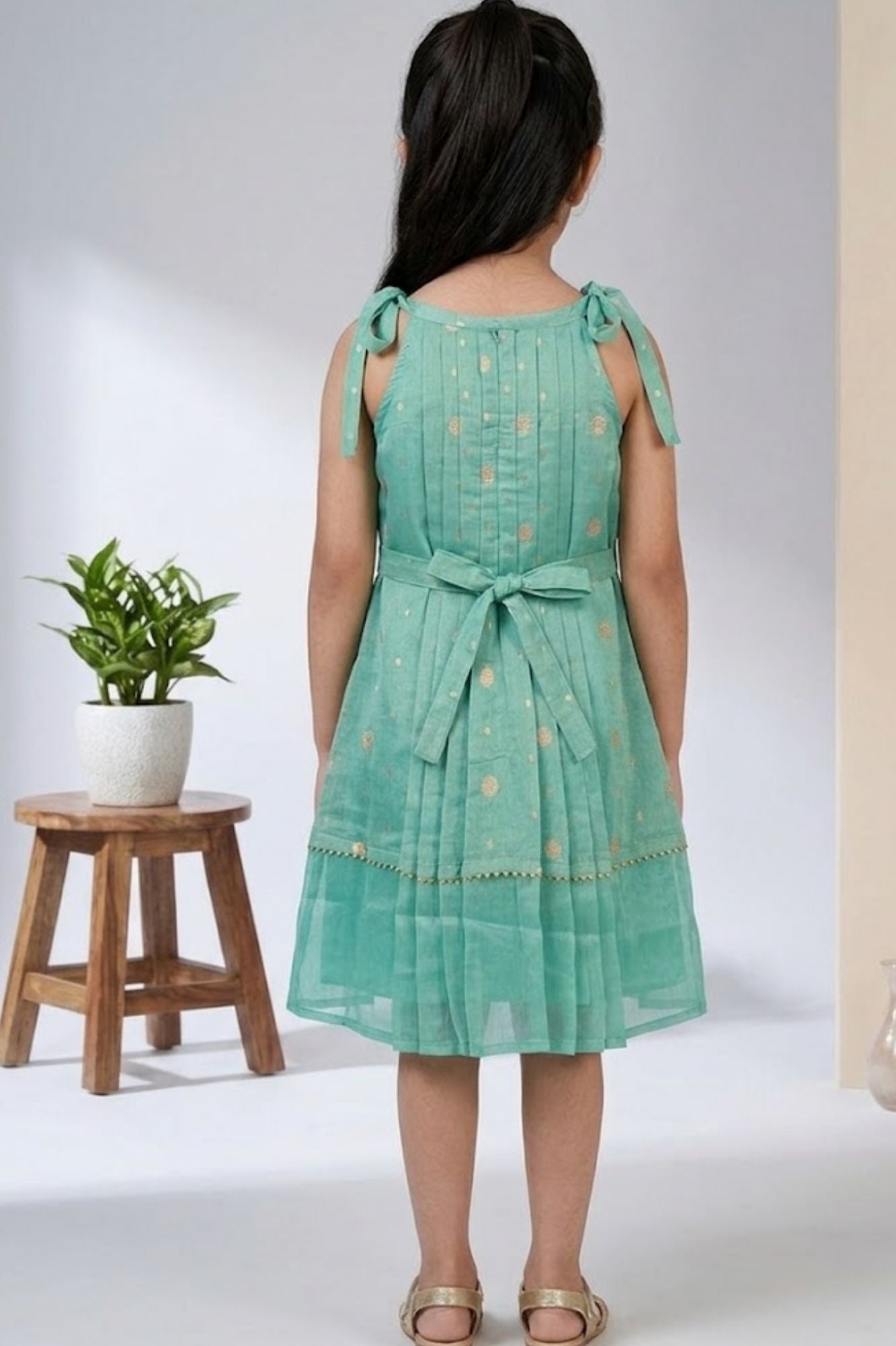 Girls Blue Sleeveless Dress with Pintuck Pleats
