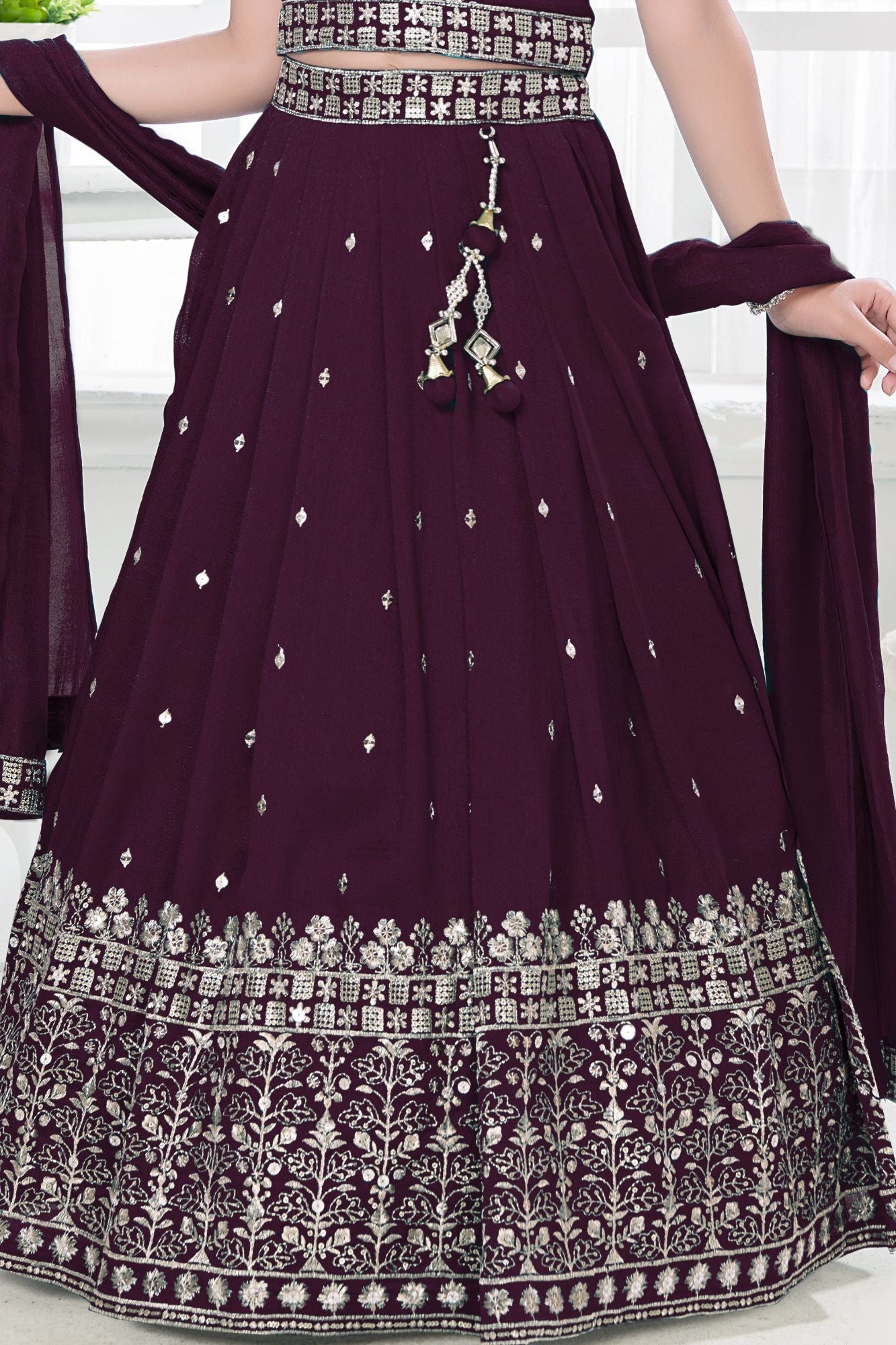 Wine Embroidered Lehenga Choli Set with Dupatta For Girls
