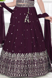 Wine Embroidered Lehenga Choli Set with Dupatta For Girls