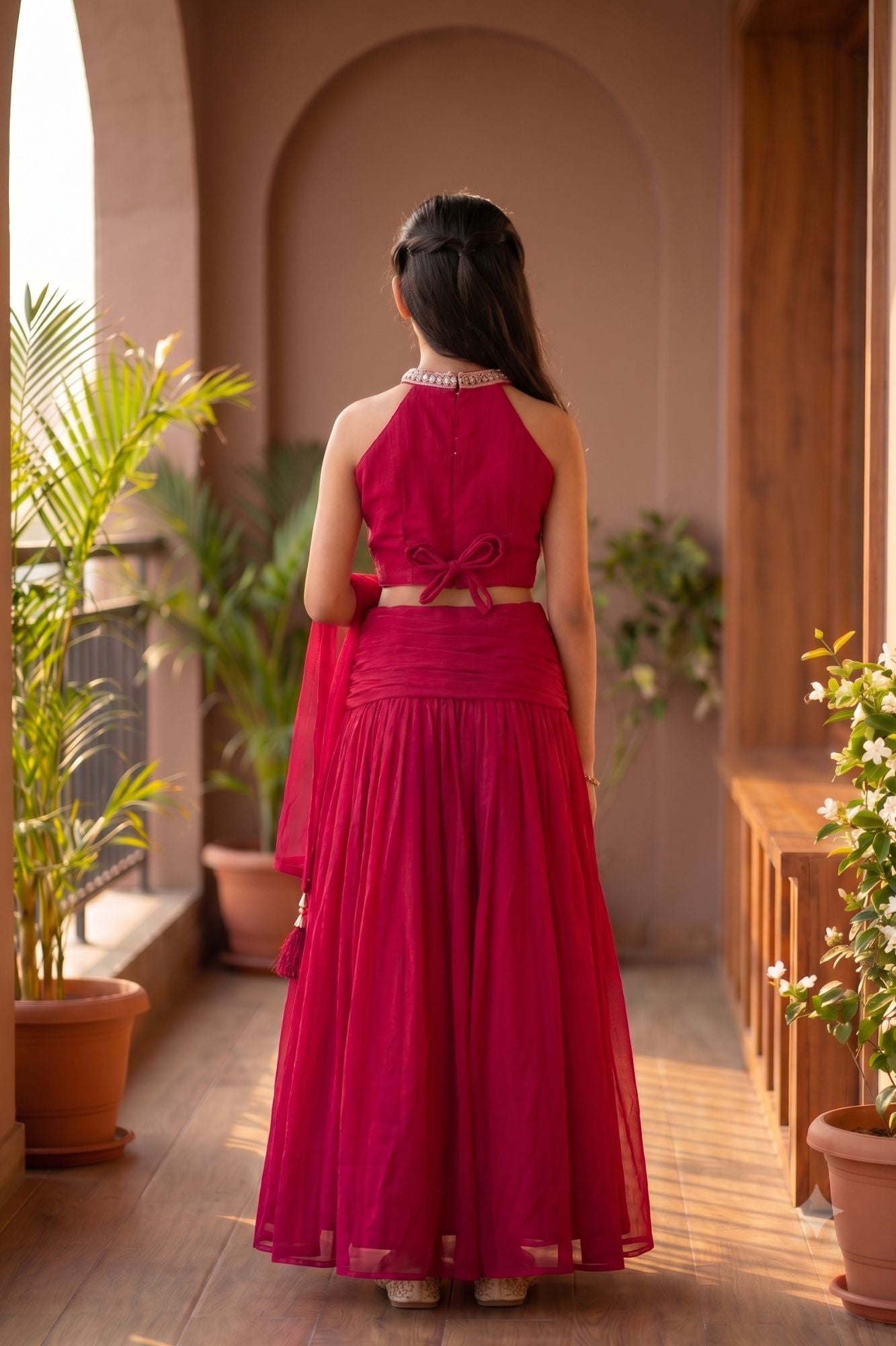 Girls Rani Pink  Embroidered Halter Neck Choli Set with Dupatta