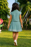 Girls Green Embroidered Shirt Top and Pleated Skirt Co-Ord Set