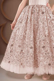 Designer Fawn Sequin Embellished Net Party Gown For Girls