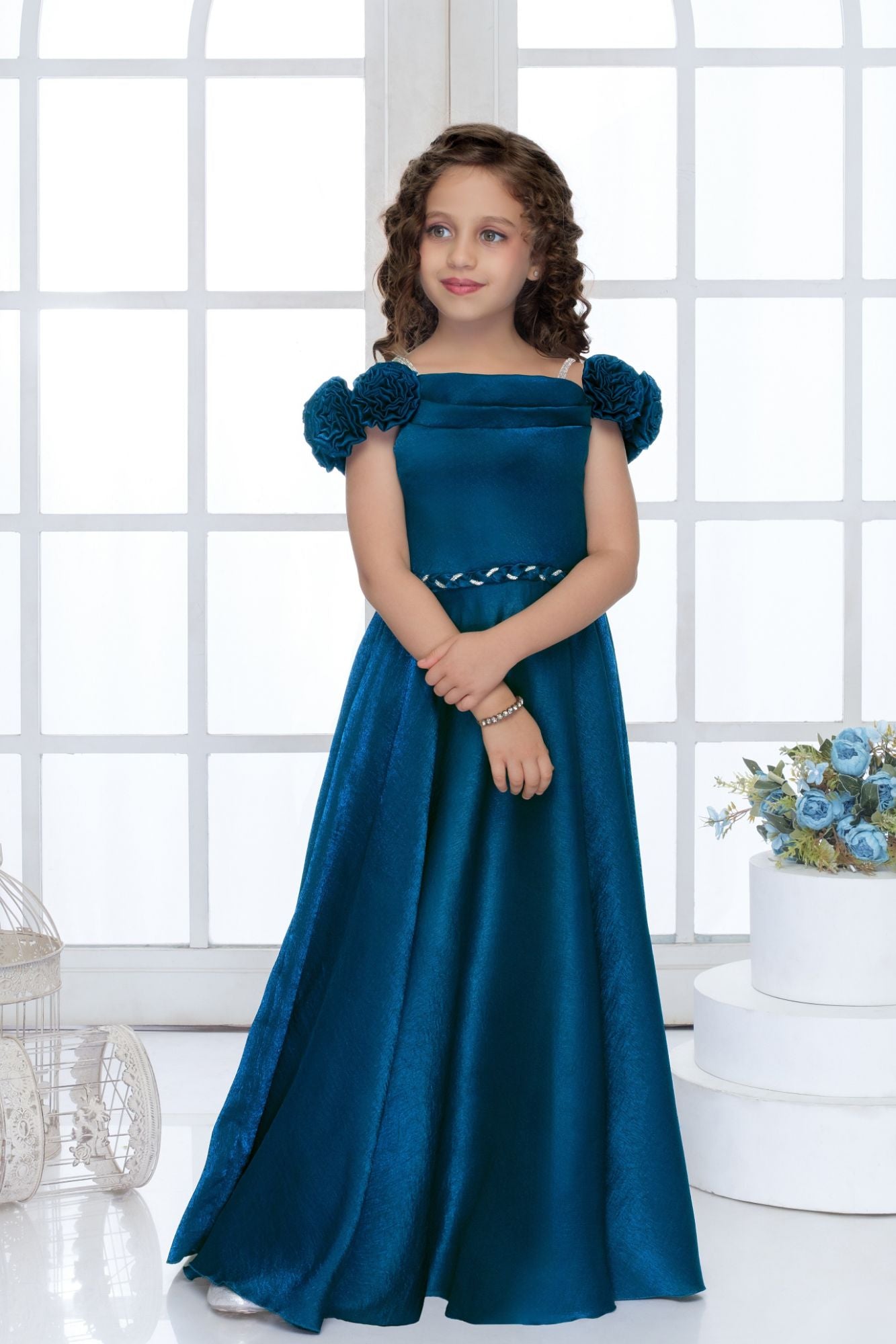 Peacock Blue Embellished Off-Shoulder Party Gown For Girls