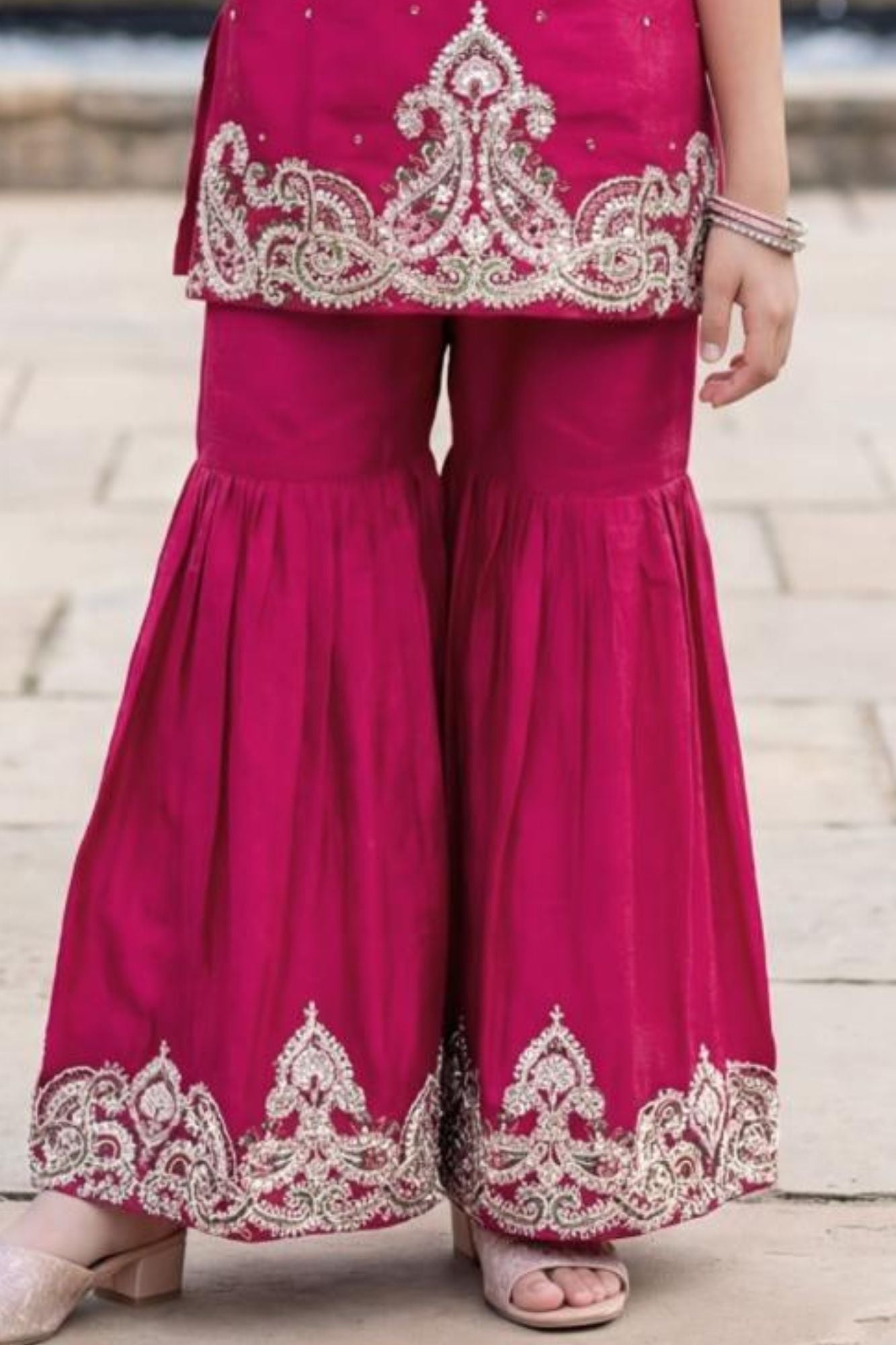 Rani Pink Zari Embroidered Sharara Set With Dupatta For Girls