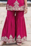 Rani Pink Zari Embroidered Sharara Set With Dupatta For Girls