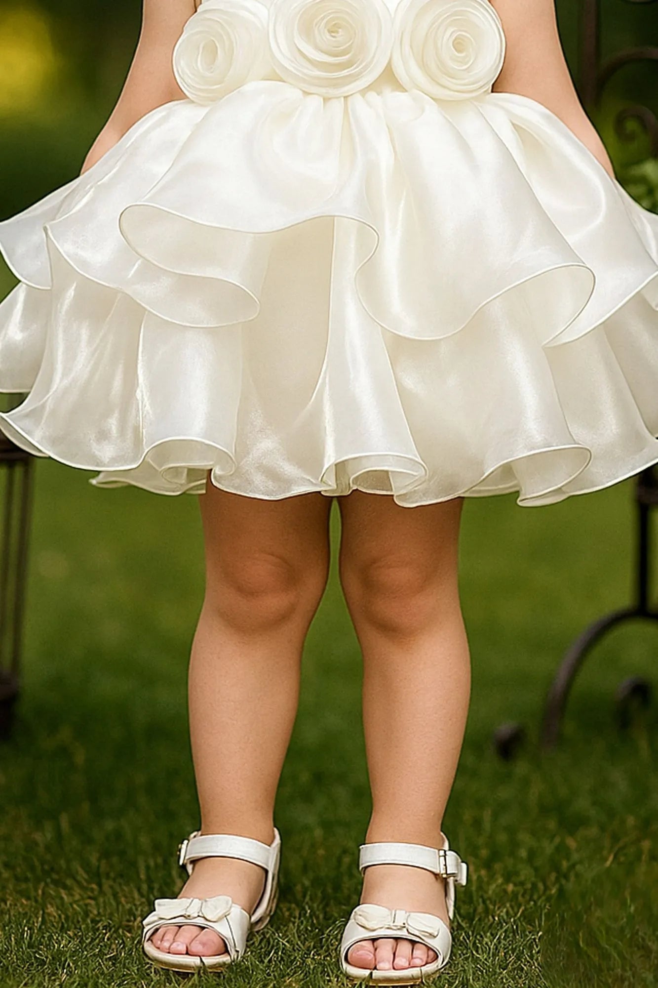 White Floral Appliqué Tiered Frock For Girls