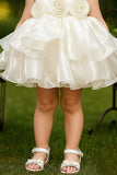 White Floral Appliqué Tiered Frock For Girls