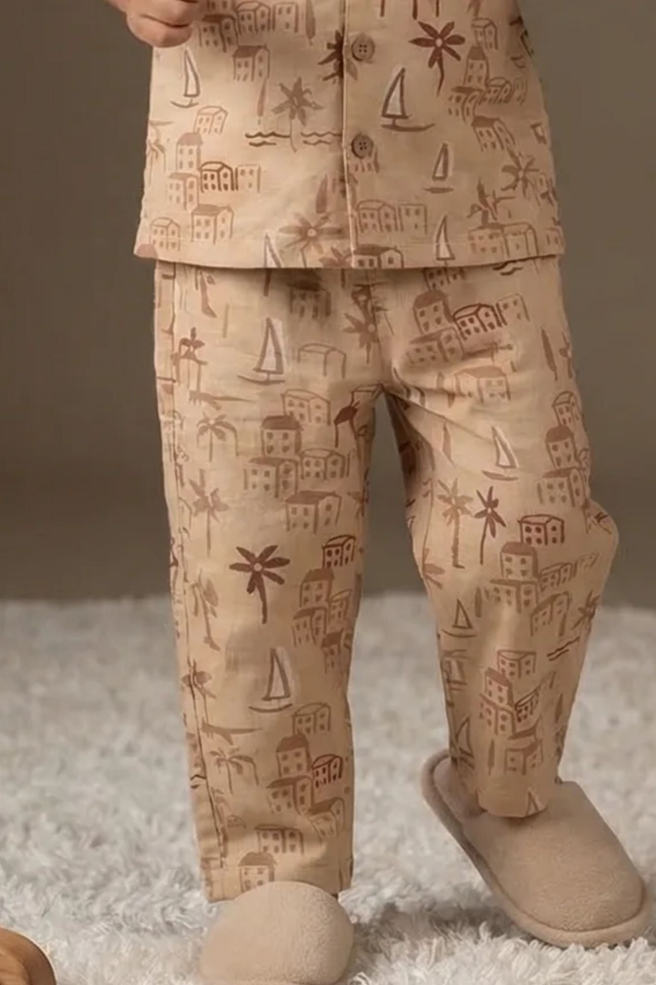 Brown Tropical Print Night Suit Set For Boys