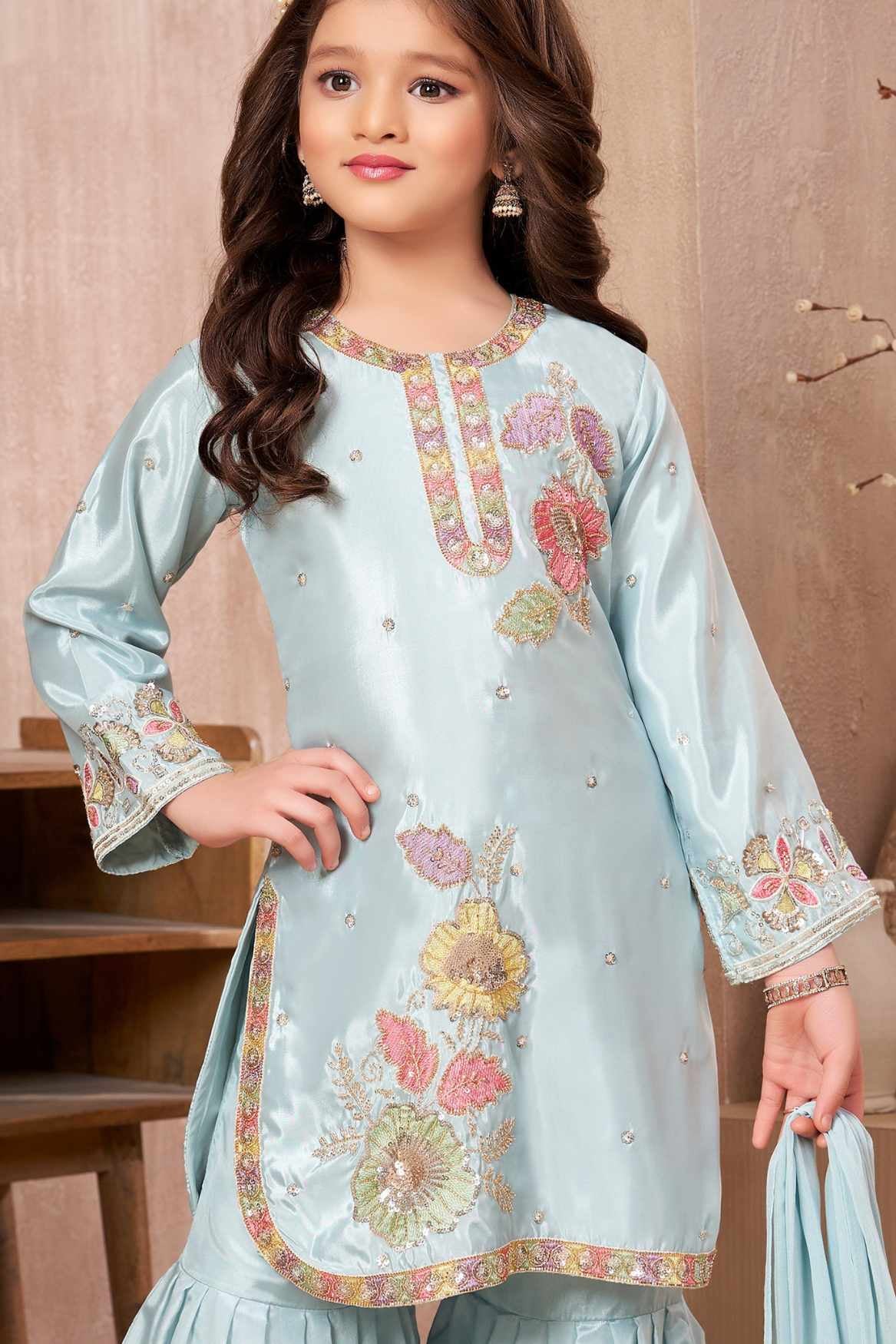 Powder Blue Embroidered Sharara Set with Dupatta for Girls