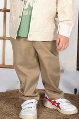 Off White Overcoat With Green T-Shirt And Brown Pant Set For Boys