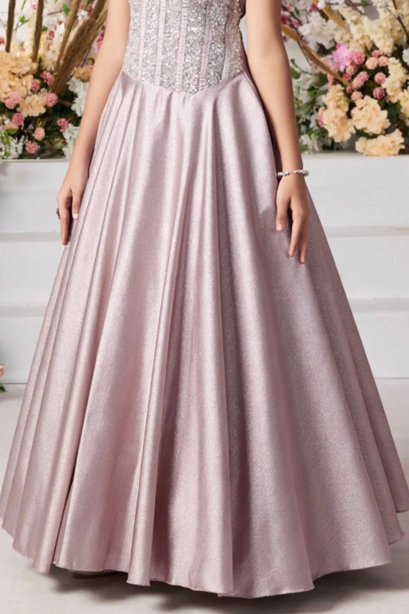 Onion Pink Sequin Embellished Gown For Girls