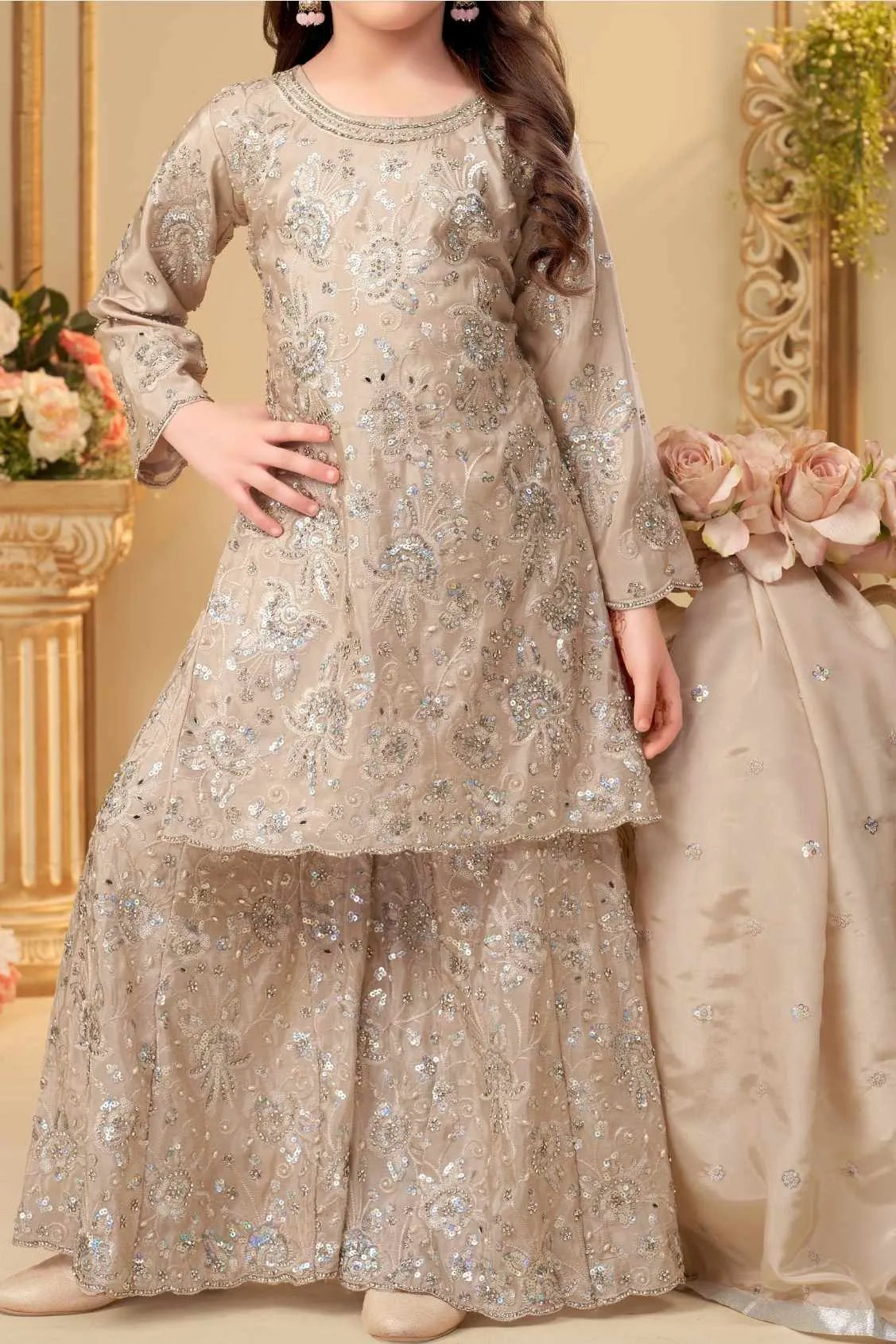 Fawn Embroidered Kurti Sharara Set With Dupatta for Girls