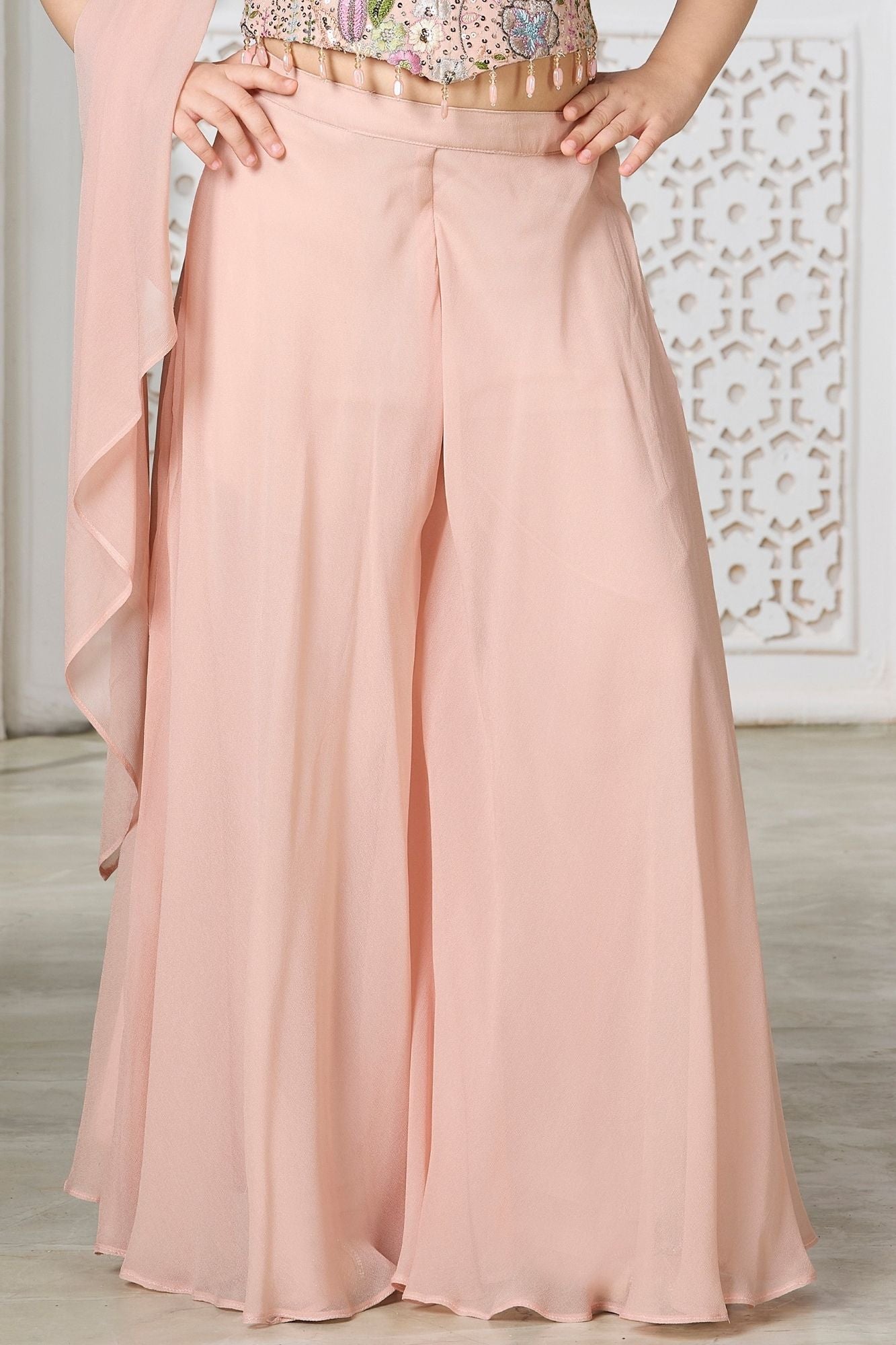 Girls Peach Sequin Embroidered Halter Neck Palazzo Set with Dupatta