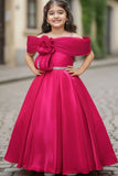 Rani Pink Off-Shoulder Pleated Bow Party Gown For Girls