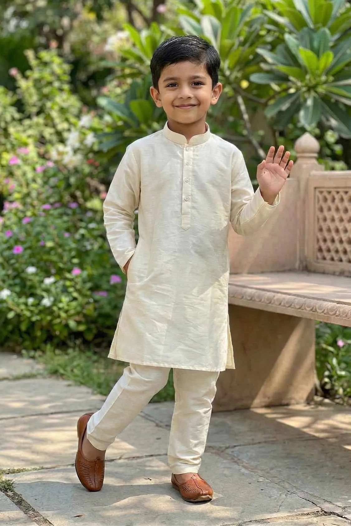 Cream Floral Embroidered Nehru Jacket With Kurta Set For Boys