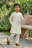 Cream Floral Embroidered Nehru Jacket With Kurta Set For Boys