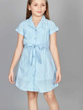 Solid Light Blue Casual Shirt Dress with Waist Tie-Up for Girls