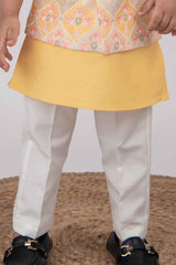 Little Collars Yellow Kurta Set With Embroidered Overcoat For Boys