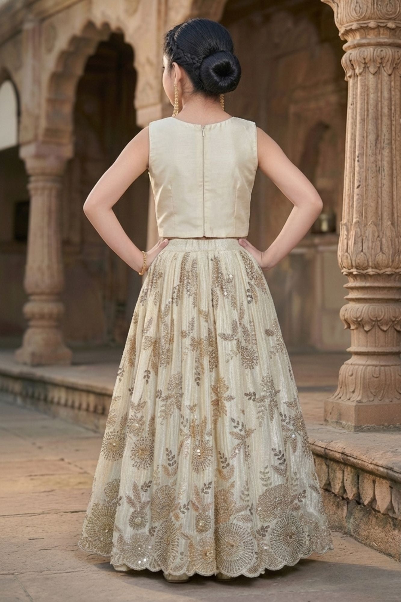 Cream And Gold Embroidered Lehenga Choli Set with Floral Motifs For Girls