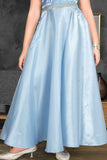 Sky Blue Organza Partywear Gown With Stone Waist Band For Girls