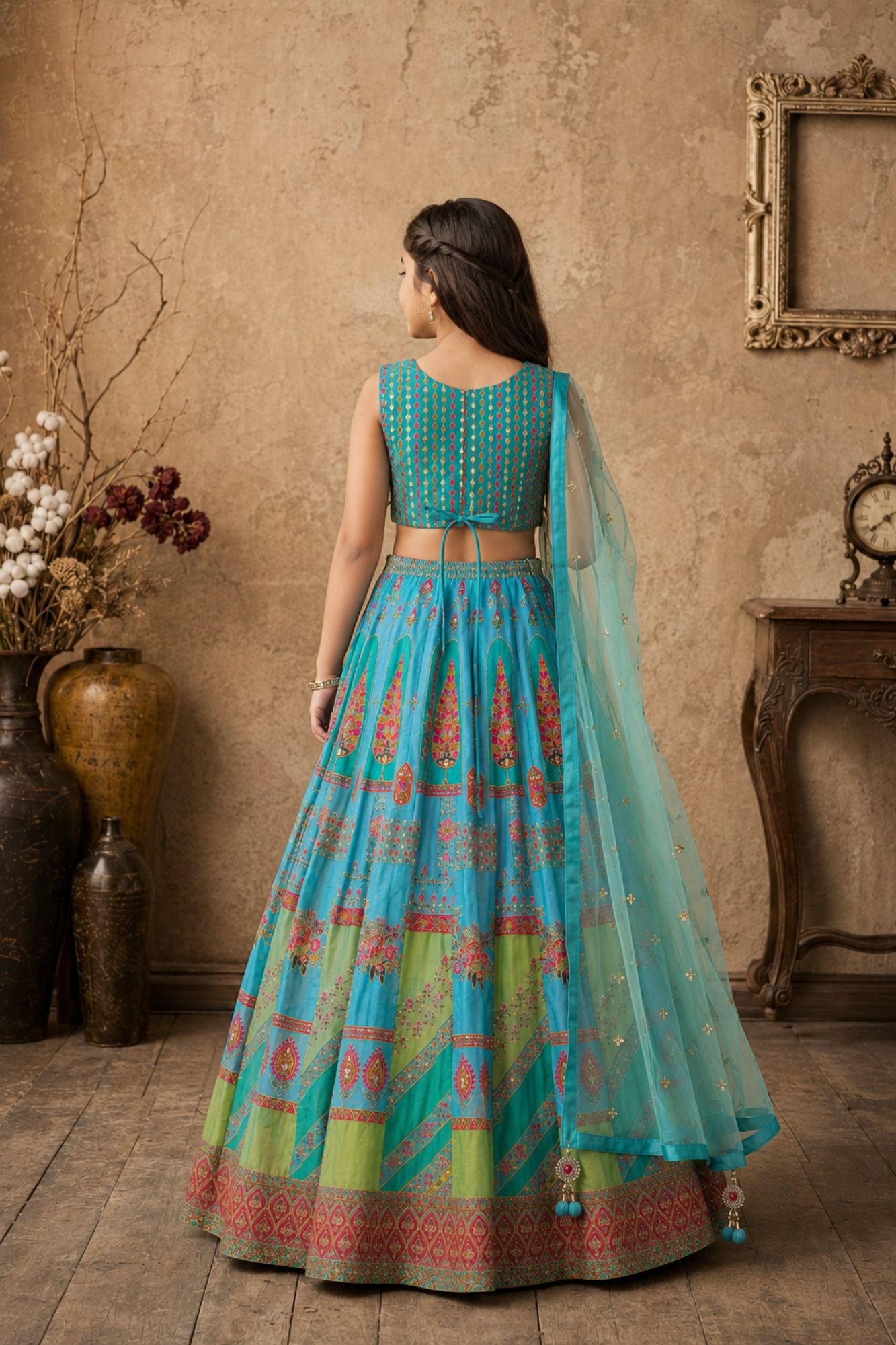 Aqua Blue and Pista Green Embroidered Lehenga Choli Set with Dupatta