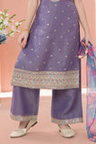 Lavender Embroidered Kurta Set with Floral Printed Dupatta For Girls