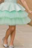 Sea Green & Silver Layered Party Frock with Shoulder Bow For Girls