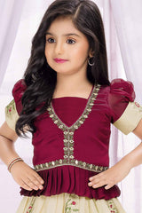 Maroon Banarasi Silk Pattu Pavadai With Embroidery Work For Girls
