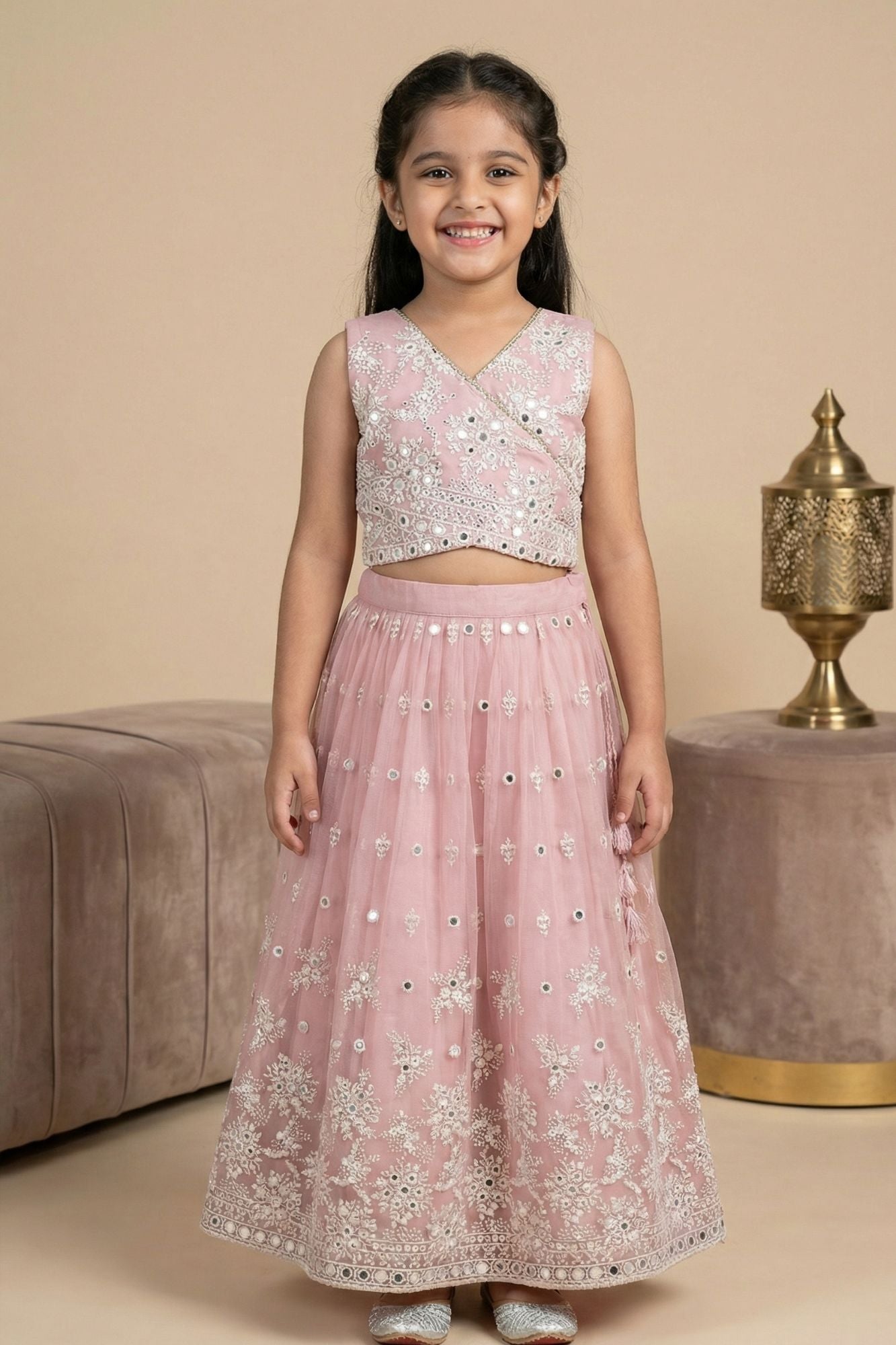 Blush Pink Embroidered Lehenga Choli Set with Dupatta For Girls