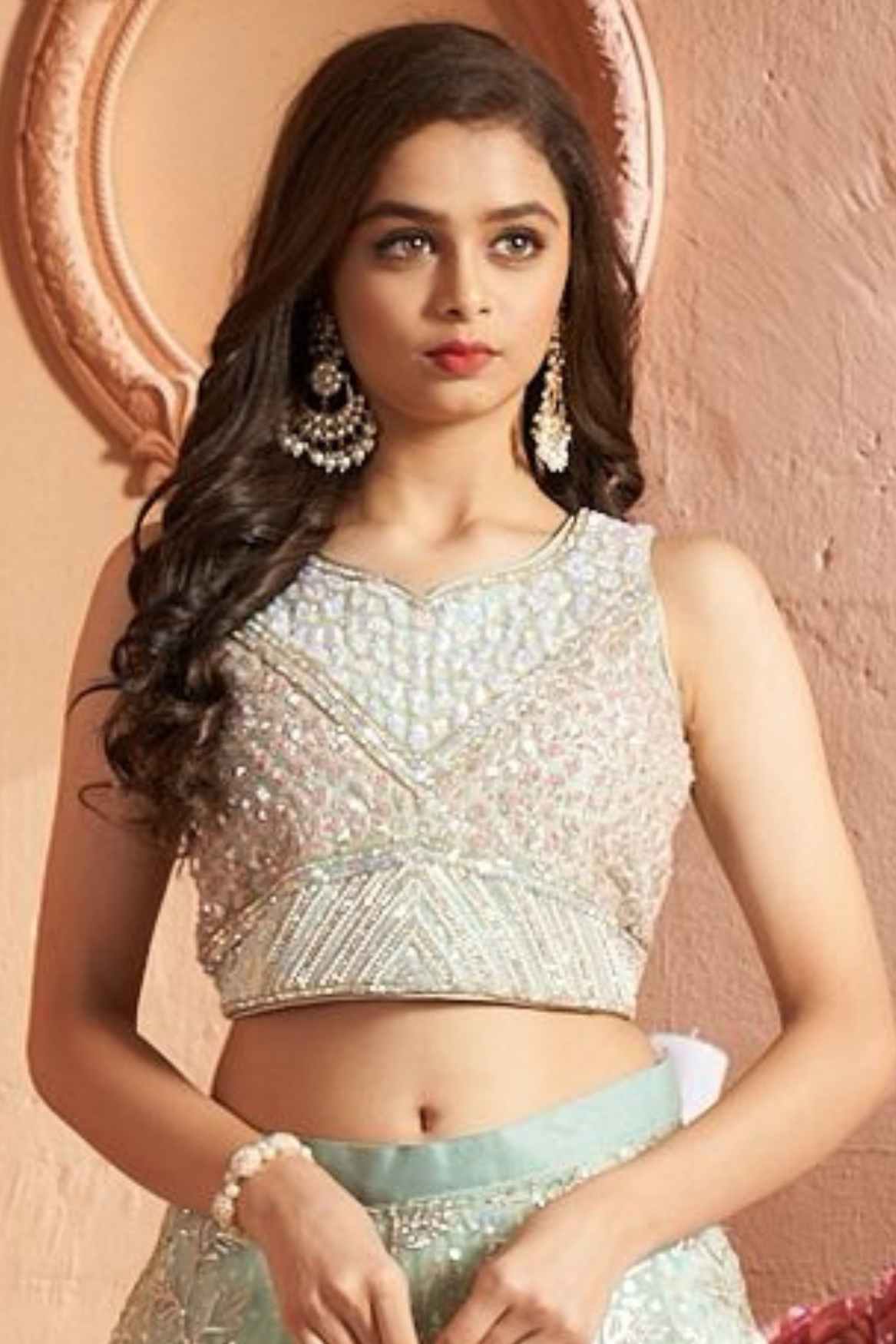 Designer Pastel Green Sequins Embroidered And Stone Work Lehenga Choli Set For Girls