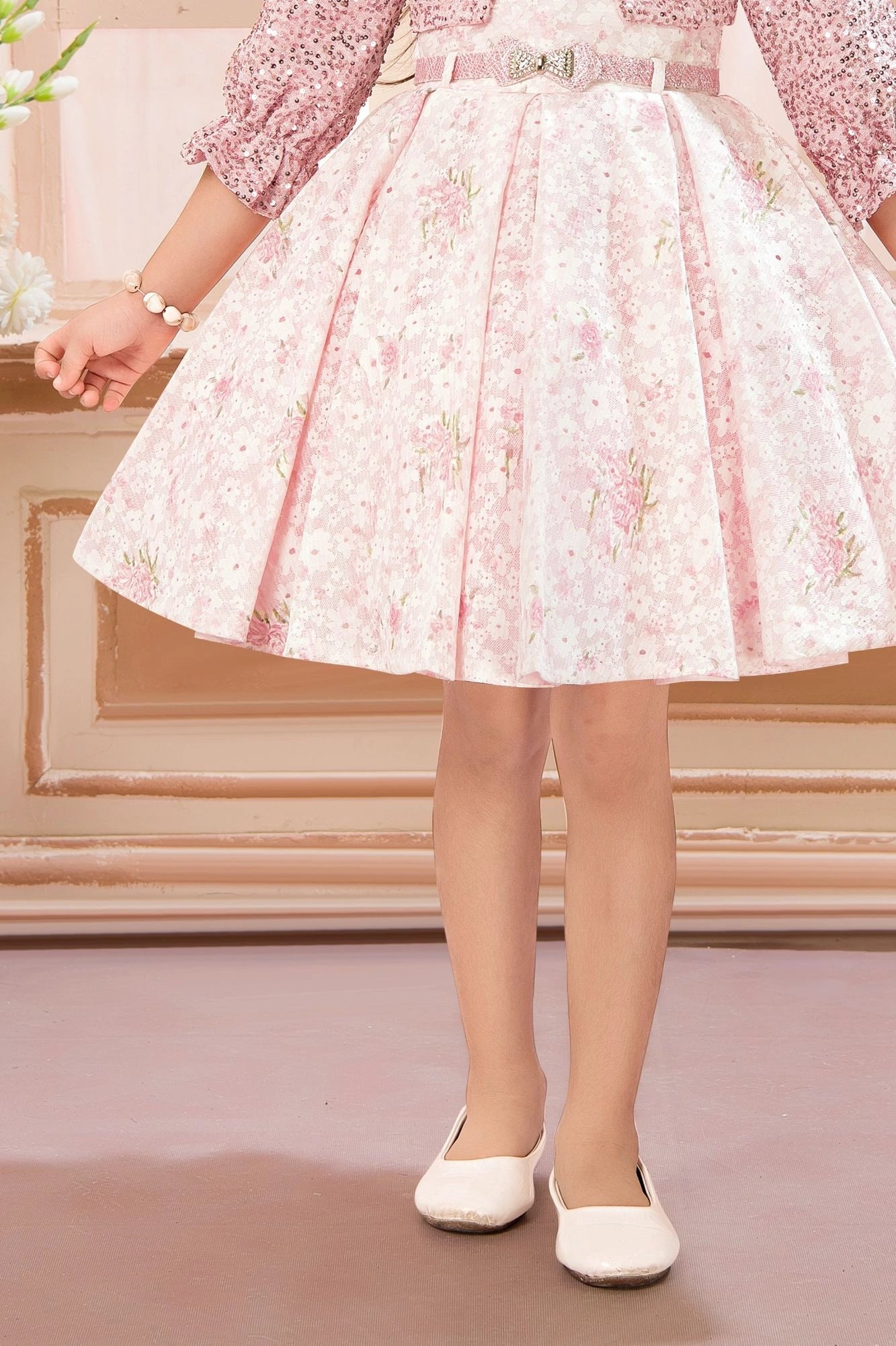 Elegant Pink Floral Printed Frock with Sequin Jacket For Girls